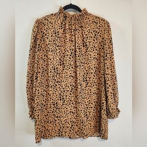 AvaNova Fashion Boutique Brand Leopard Print Ruffled Mock Neck Blouse Size Large